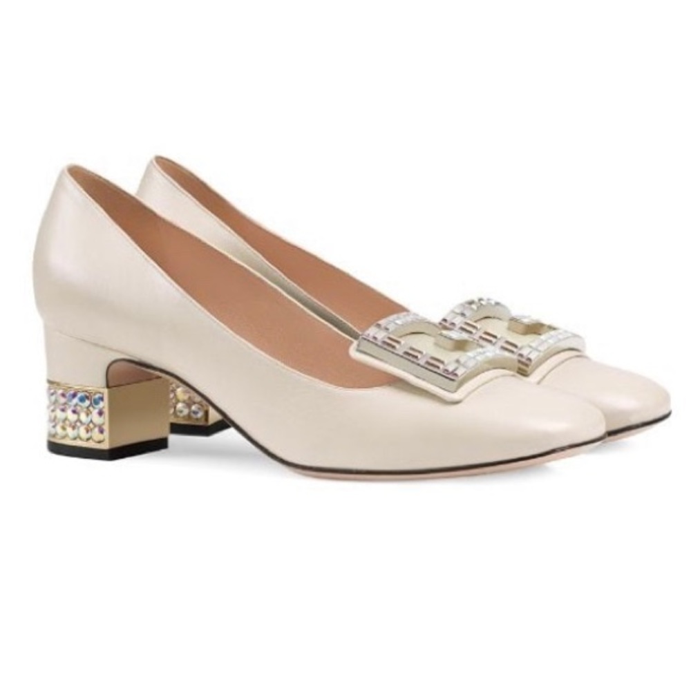 Gucci Leather mid-heel pump with crystal G